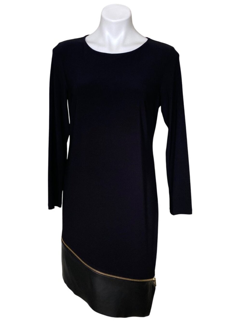 MSK Women's Black Sheath Dress Long-Sleeve Faux Leather Zipper Hem Detail Size M